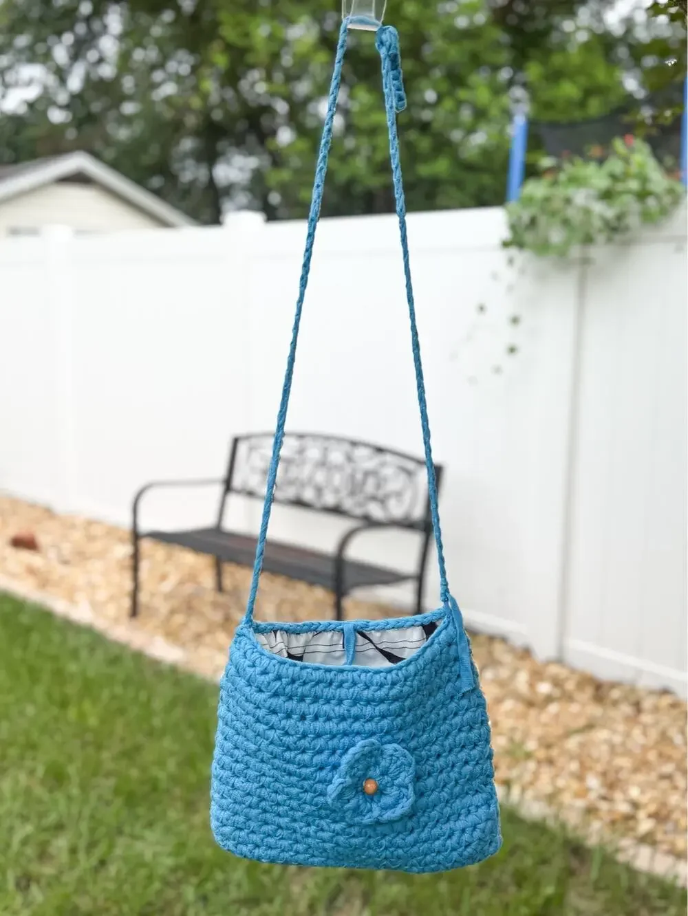Handmade Crochet Blue Crossbody Bag Floral Applique Lined Boho Purse